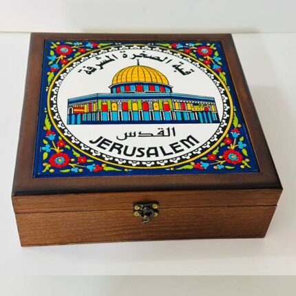 "Dome of the Rock" Royal Wooden Treasure Box – Extra Large Size 23x23x8 cm (Hand-Painted Hebron Ceramic)